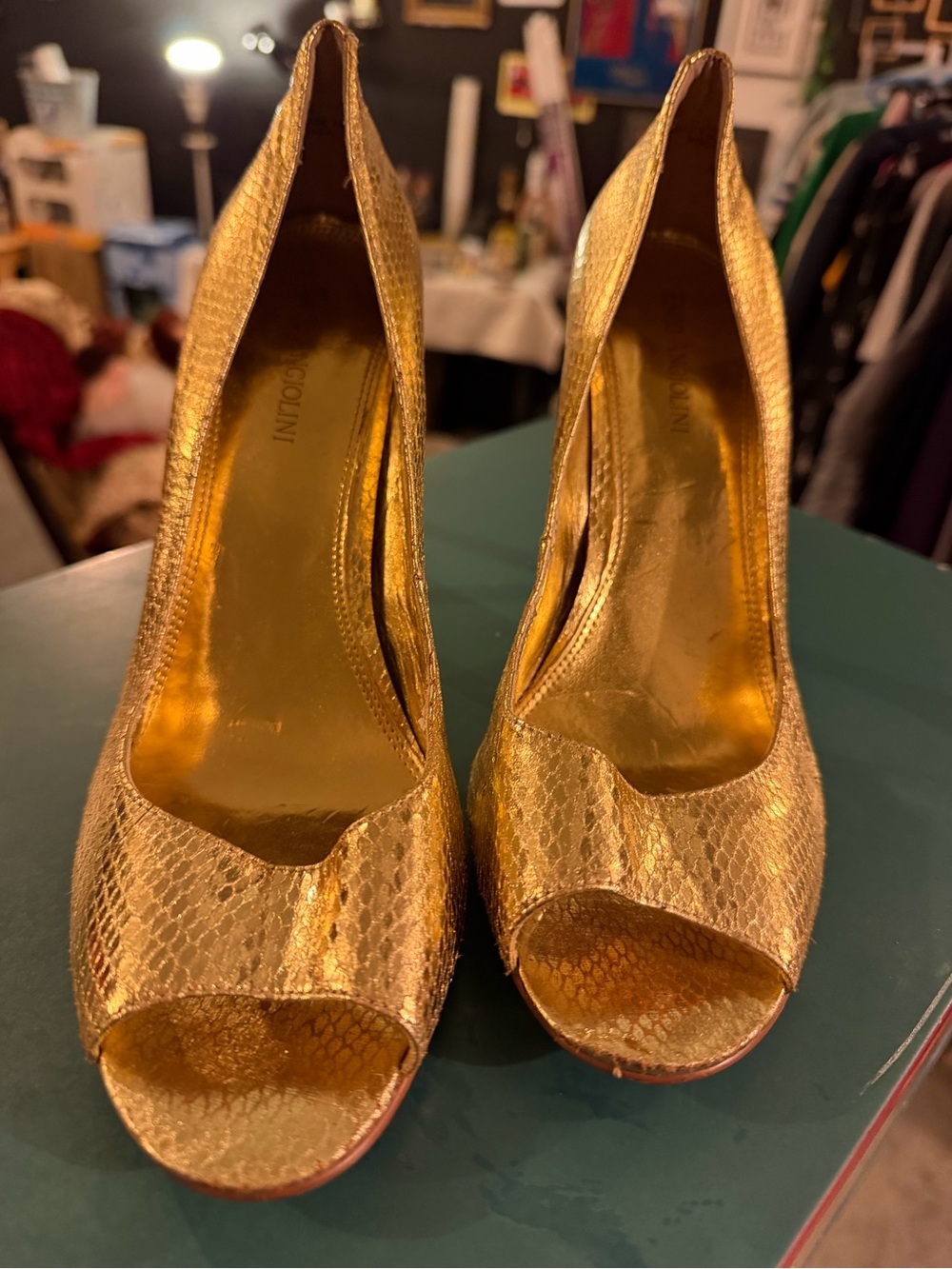 Enzo Angiolini Gold Snake-Texture Peep-Toe Heels